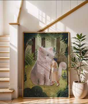 Verzauberter Wald mit einer riesigen Katze und einer Frau