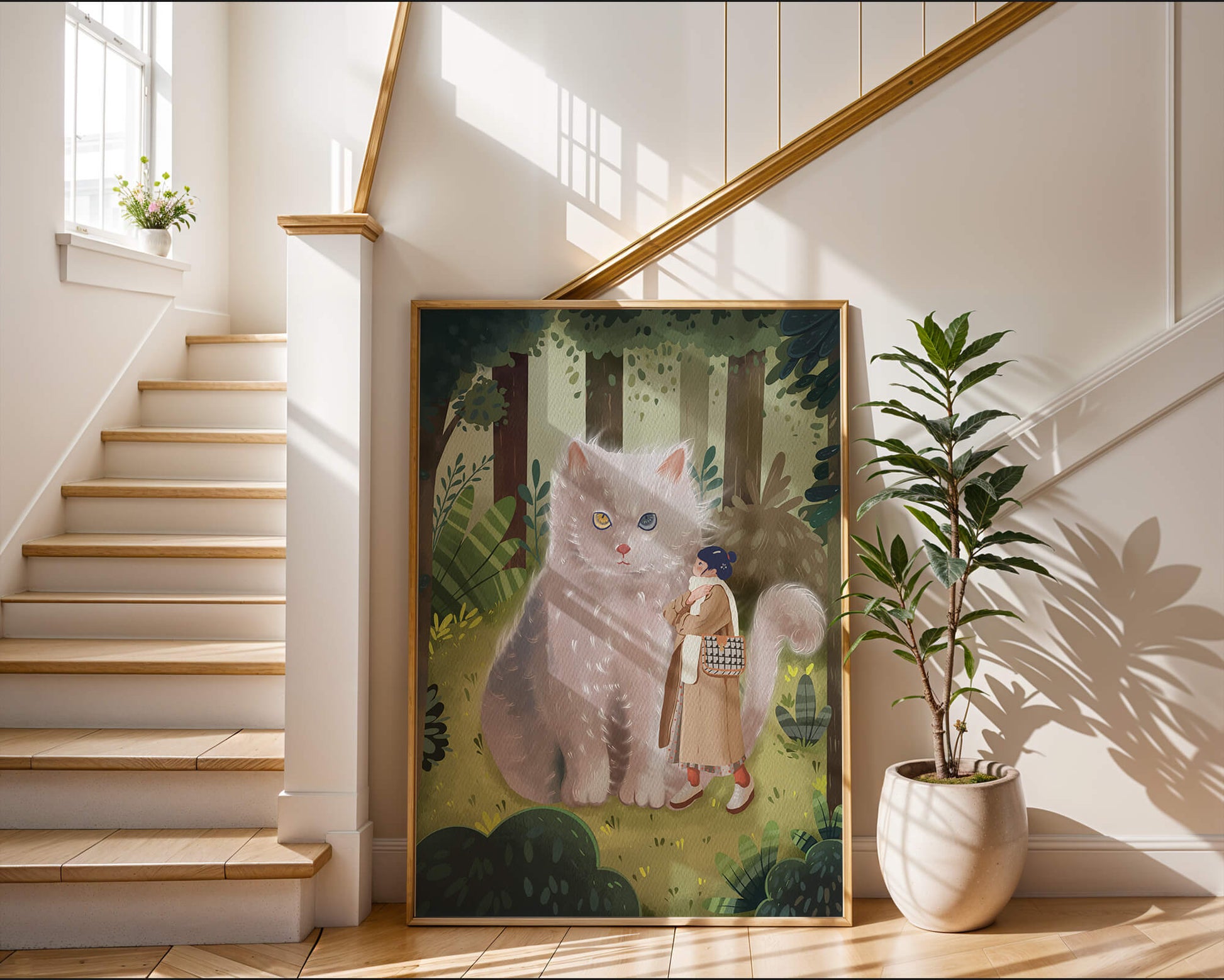 Verzauberter Wald mit einer riesigen Katze und einer Frau