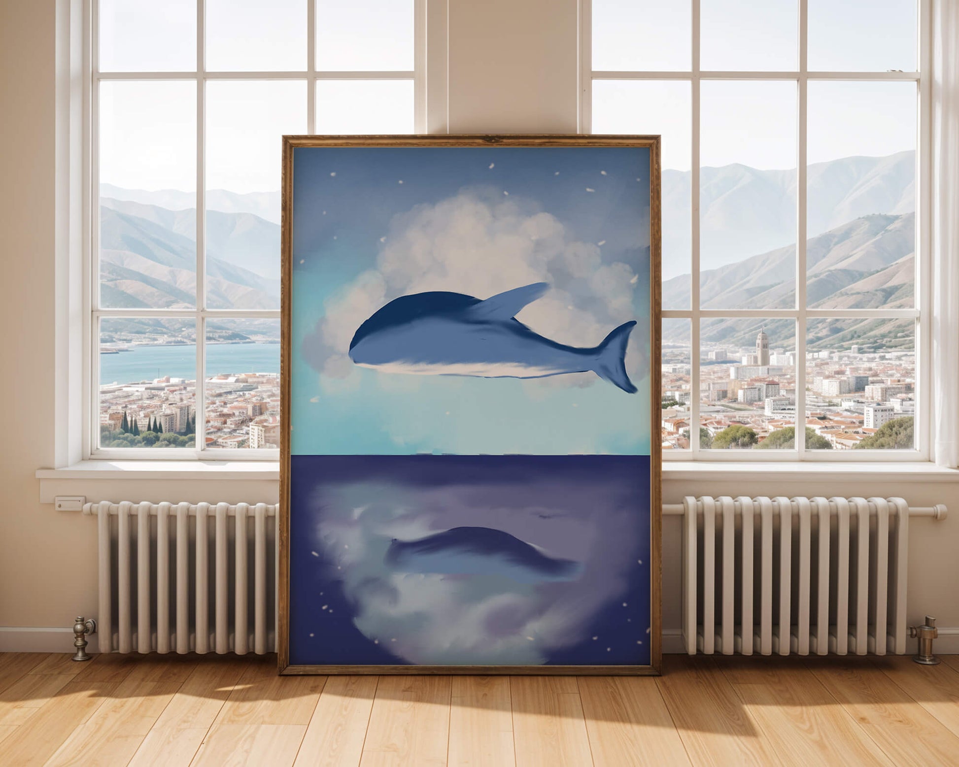 Surreal Ocean Scene with Floating Whale and Cloudy Sky Reflection