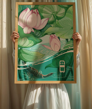 Illustration nature sereine avec fleurs de lotus et vie aquatique