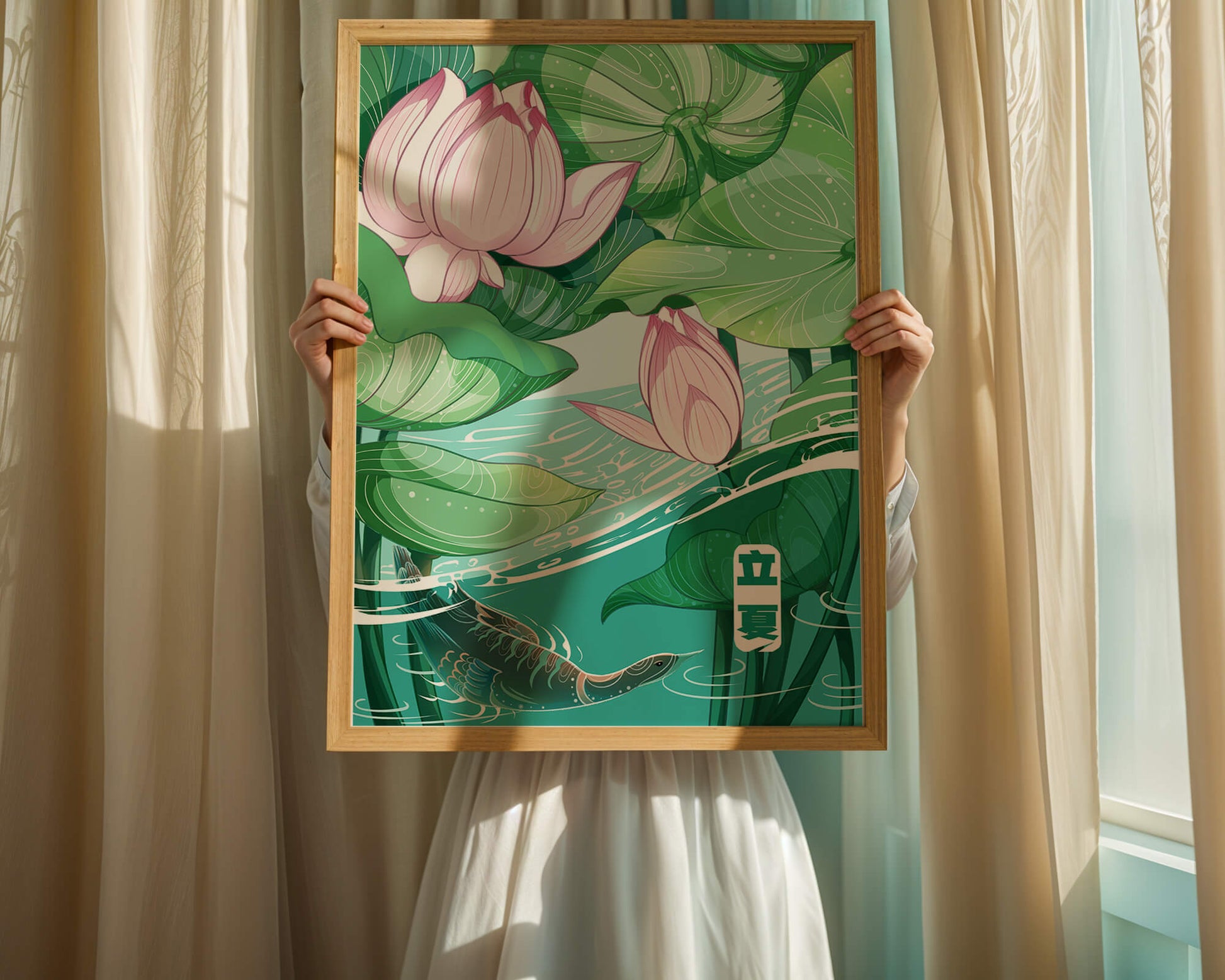 Ilustración de la naturaleza serena con flores de loto y vida acuática