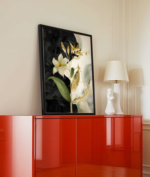 Diseño floral abstracto con detalles dorados y oscuros