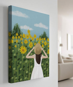 Mujer con vestido blanco admirando un campo de girasoles