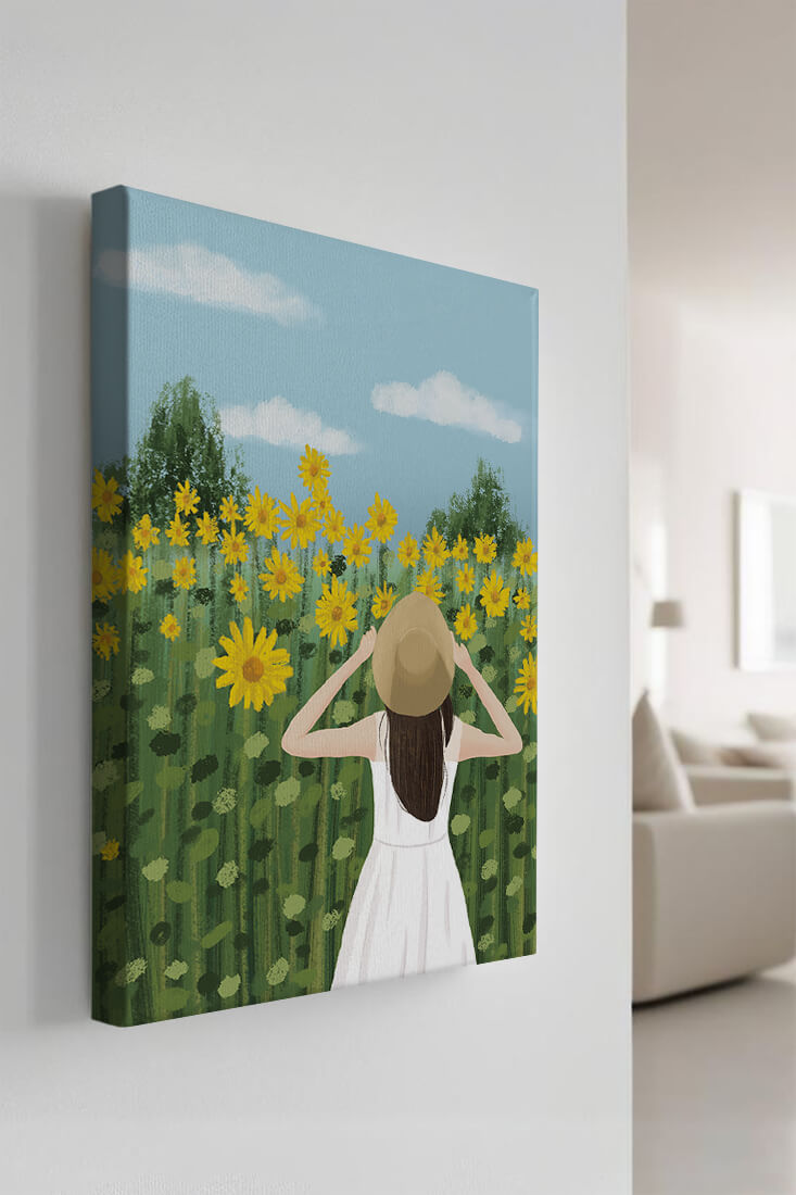 Mujer con vestido blanco admirando un campo de girasoles