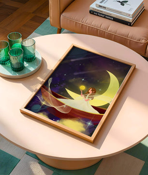 Enchanted night scene with a fairy on a crescent moon