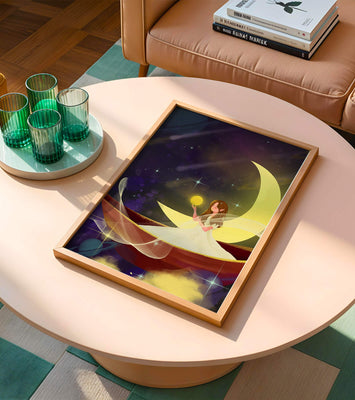 Enchanted night scene with a fairy on a crescent moon