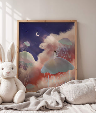 Dreamy Scene with Floating Jellyfish and Moonlit Sky