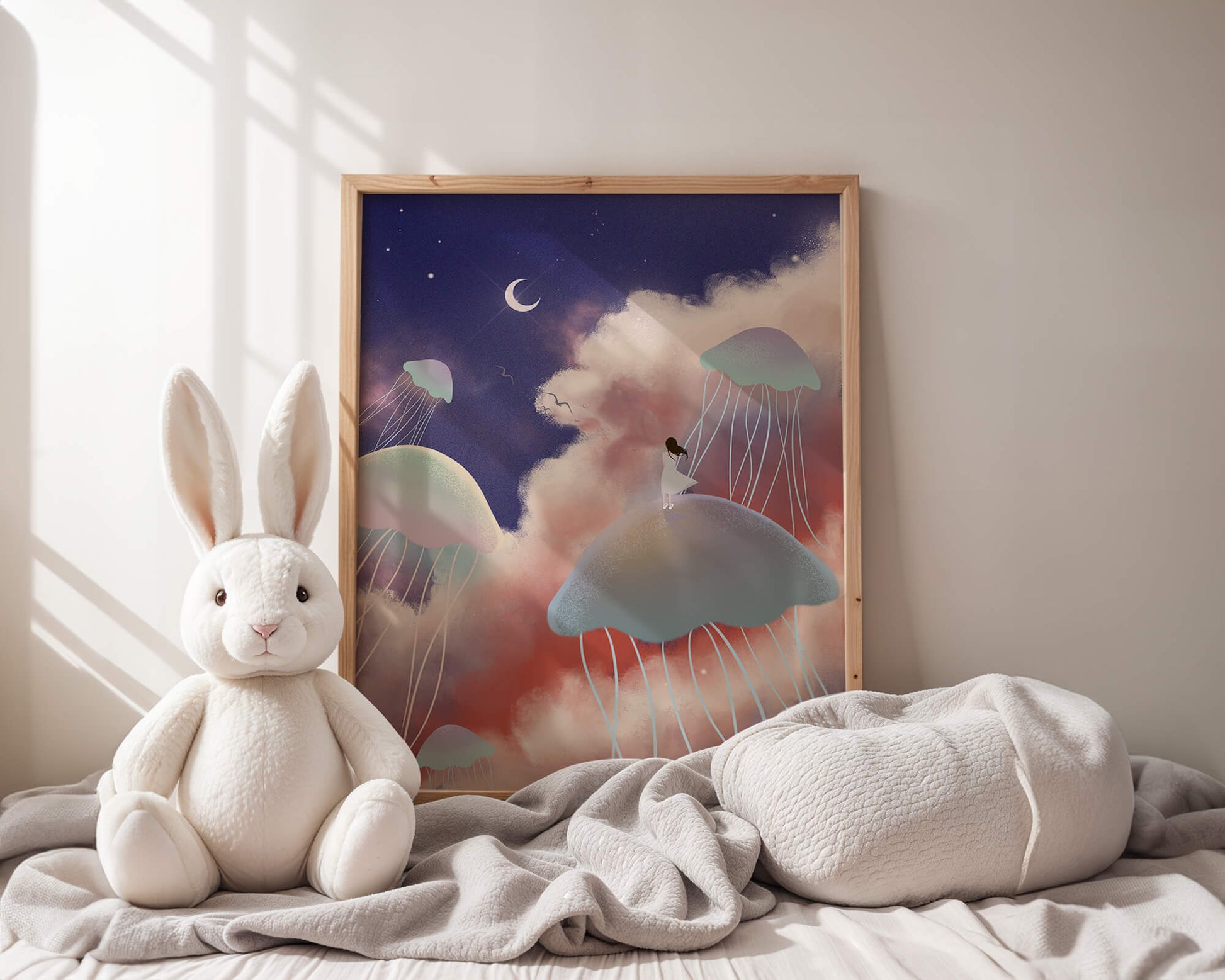 Dreamy Scene with Floating Jellyfish and Moonlit Sky