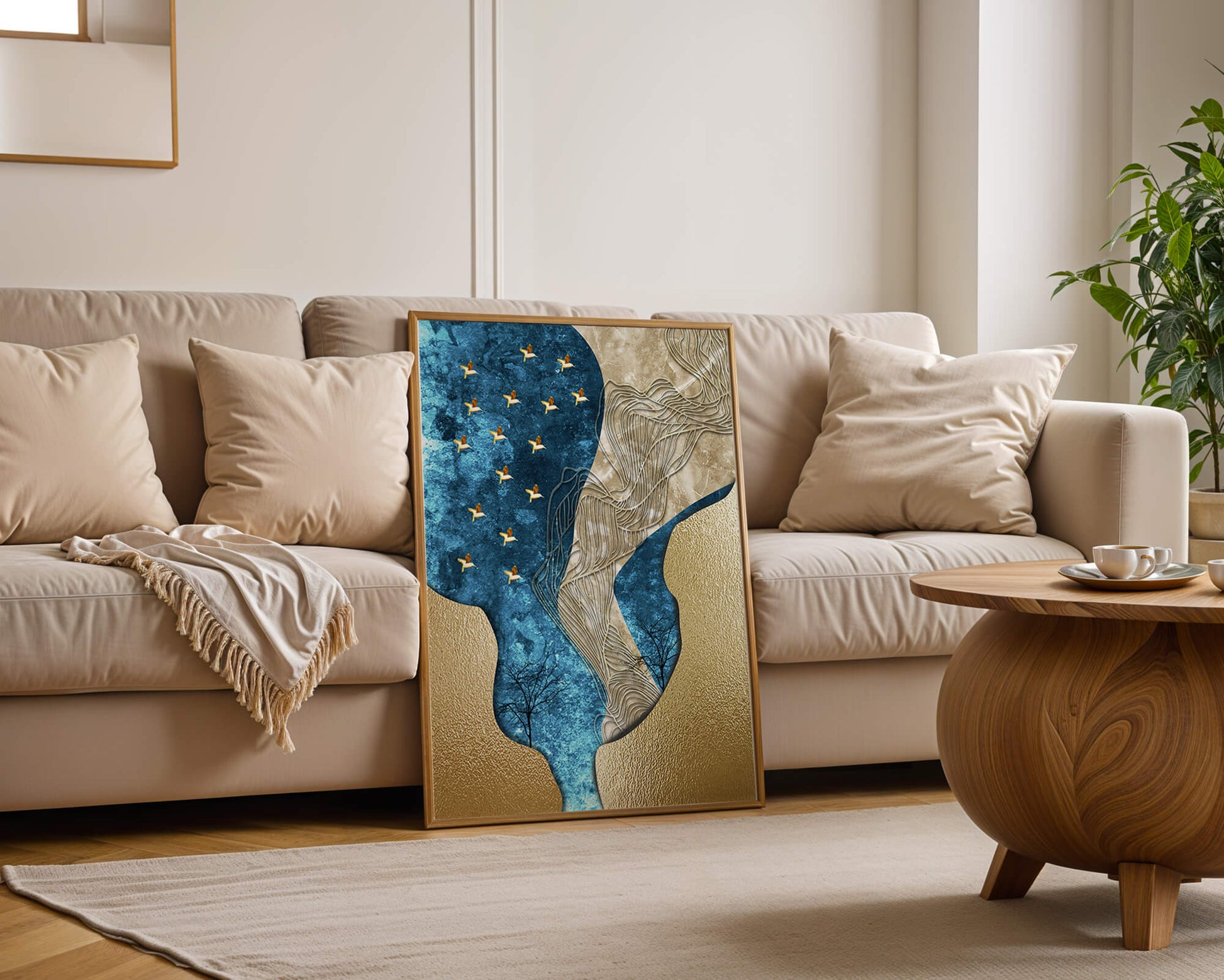 Abstract Textured Landscape with Gold and Blue Elements