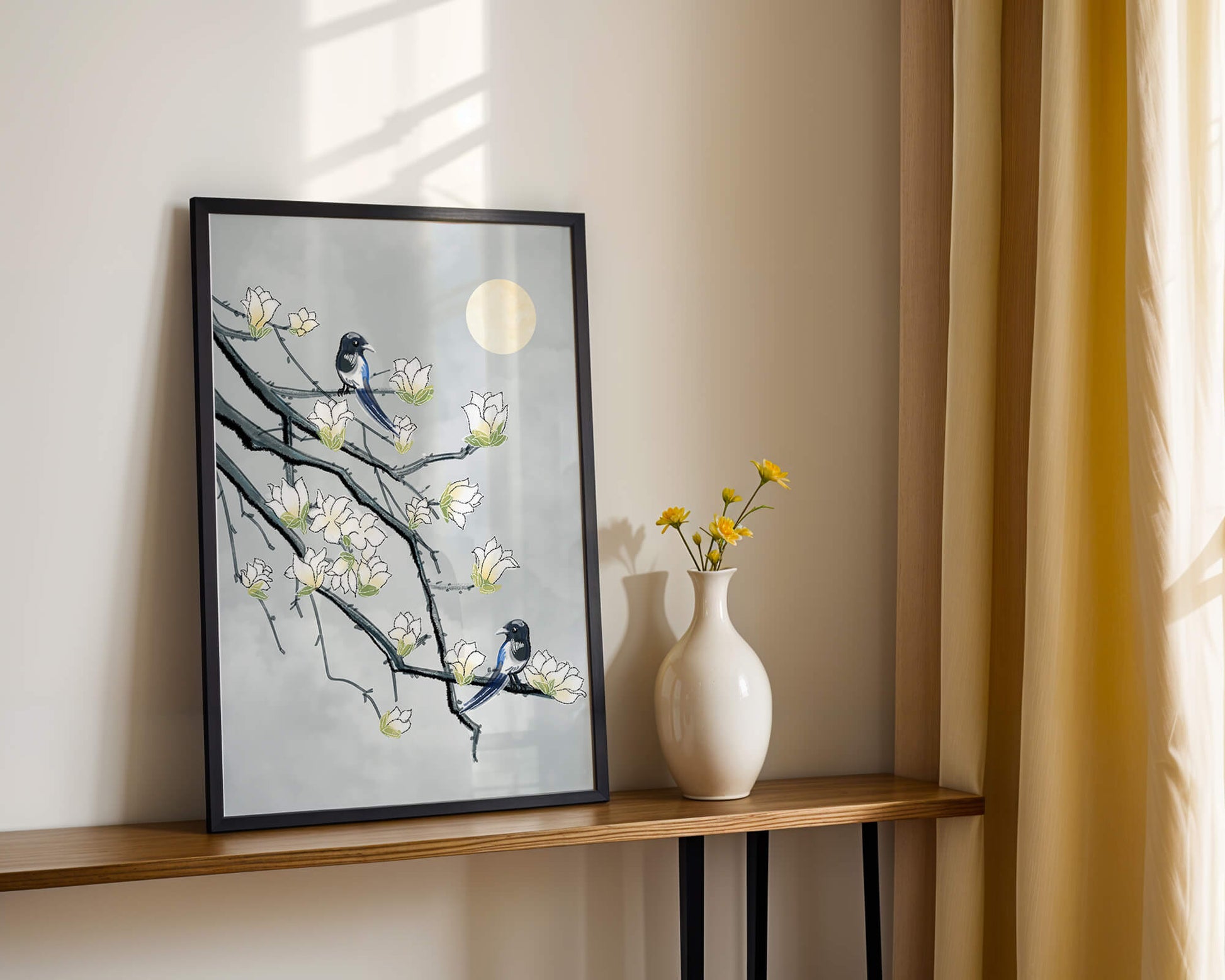 Birds on blossoming branches under a serene moonlit sky