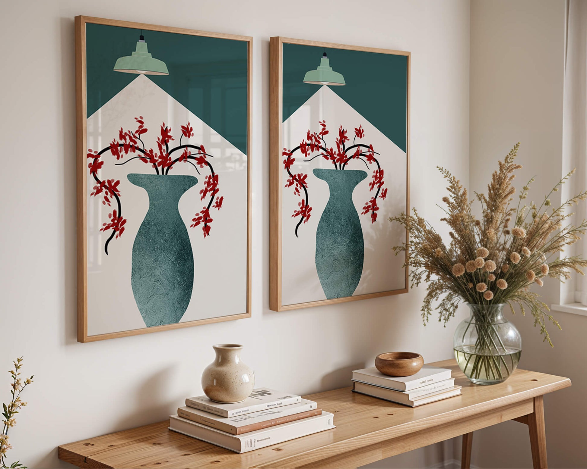 Modern Minimalist Vase with Red Flowers Under Green Lamp
