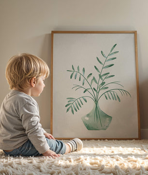 Illustration minimaliste à l’aquarelle de feuilles vertes dans un vase en verre
