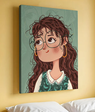 Illustration of a Thoughtful Girl with Glasses and Curly Hair