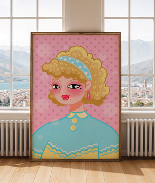 Retro pop art style portrait with polka dot background