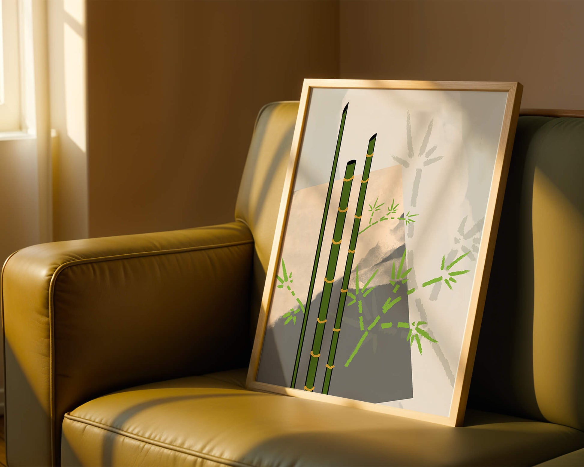 Arte minimalista de bambú con sombras abstractas de bambú
