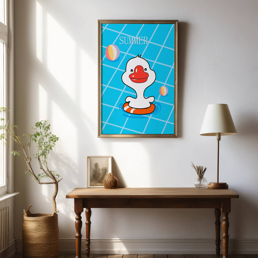 Cartoon duck swimming in a pool with summer beach elements