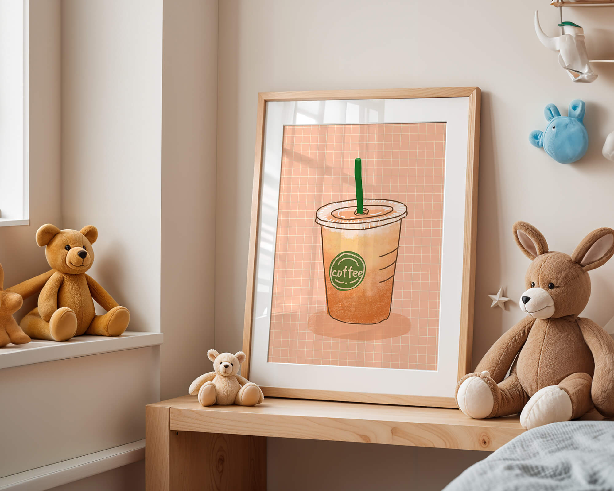 Illustrated iced coffee cup on peach grid background