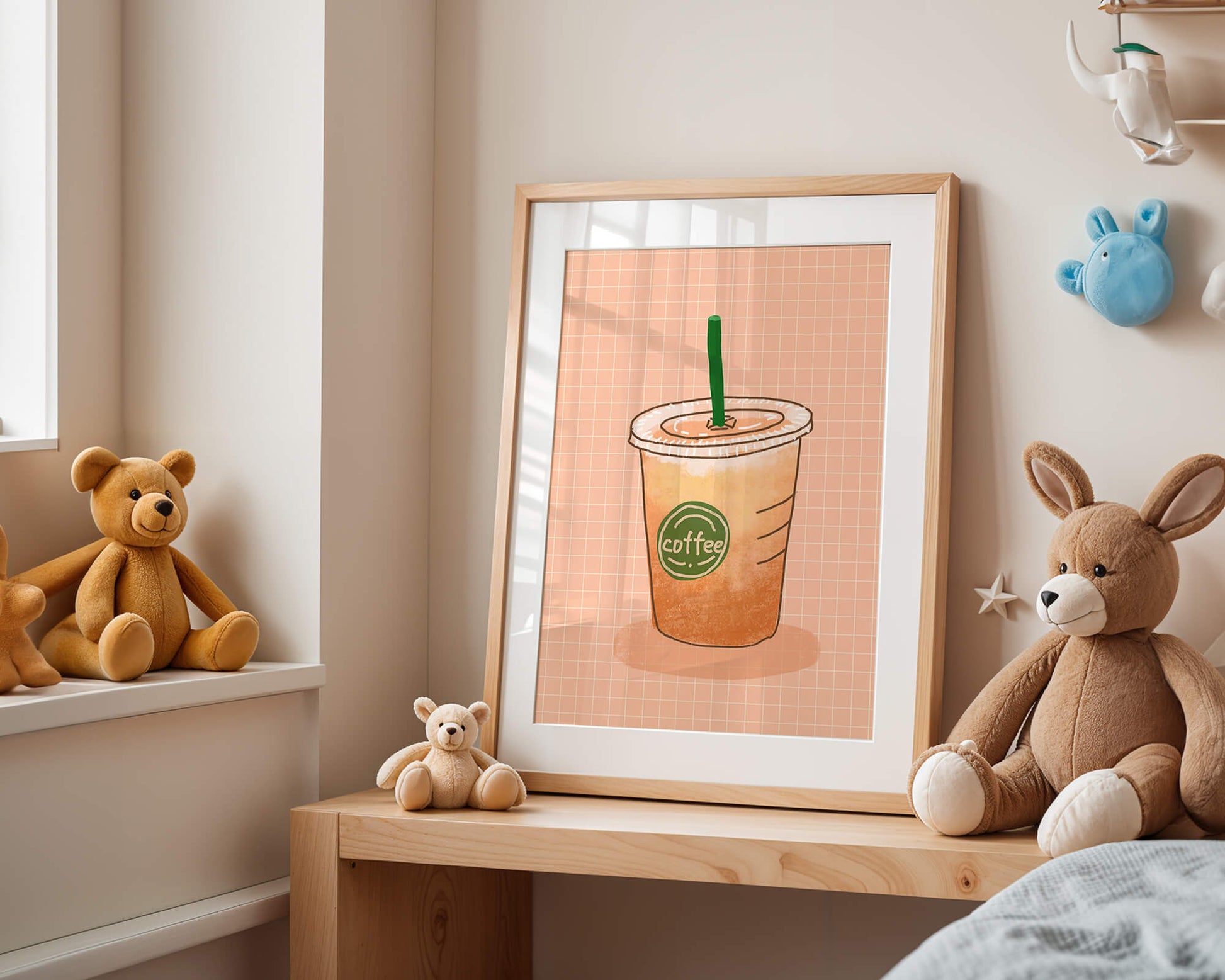 Illustrated iced coffee cup on peach grid background