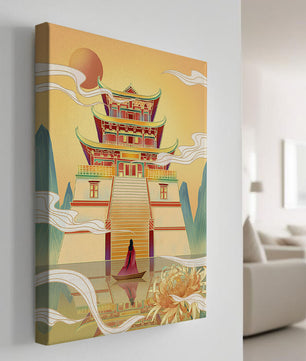 Ancient temple with serene landscape and vibrant colors artwork