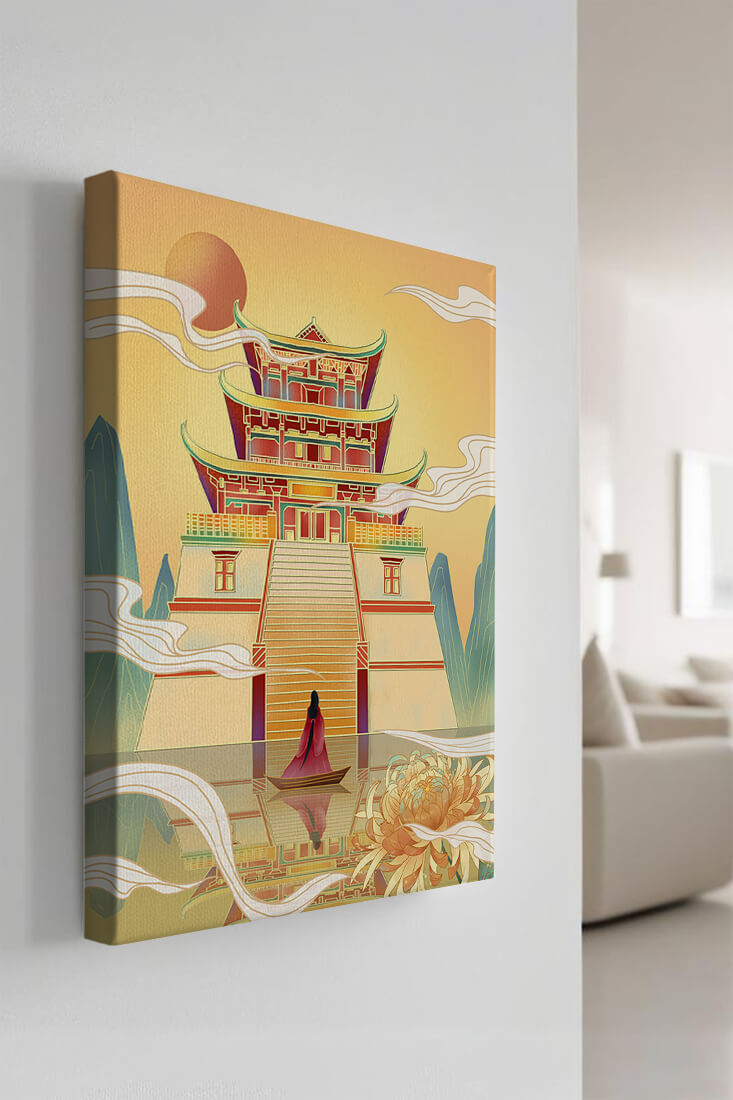 Ancient temple with serene landscape and vibrant colors artwork