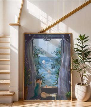Peaceful Seaside View Through Open Window with Girl and Cat