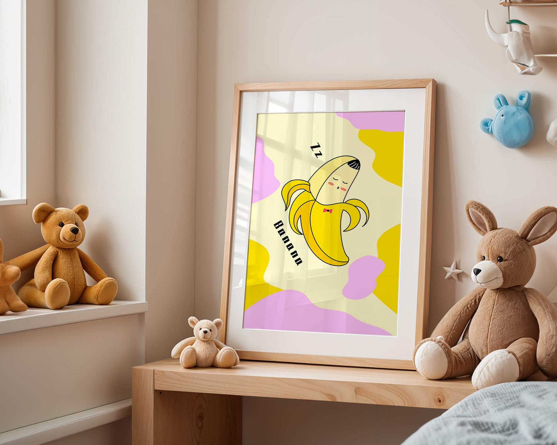 Playful illustration of a sleeping banana with colorful abstract background