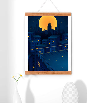 Stadtdach bei Nacht mit beleuchteten Fenstern und Vollmond