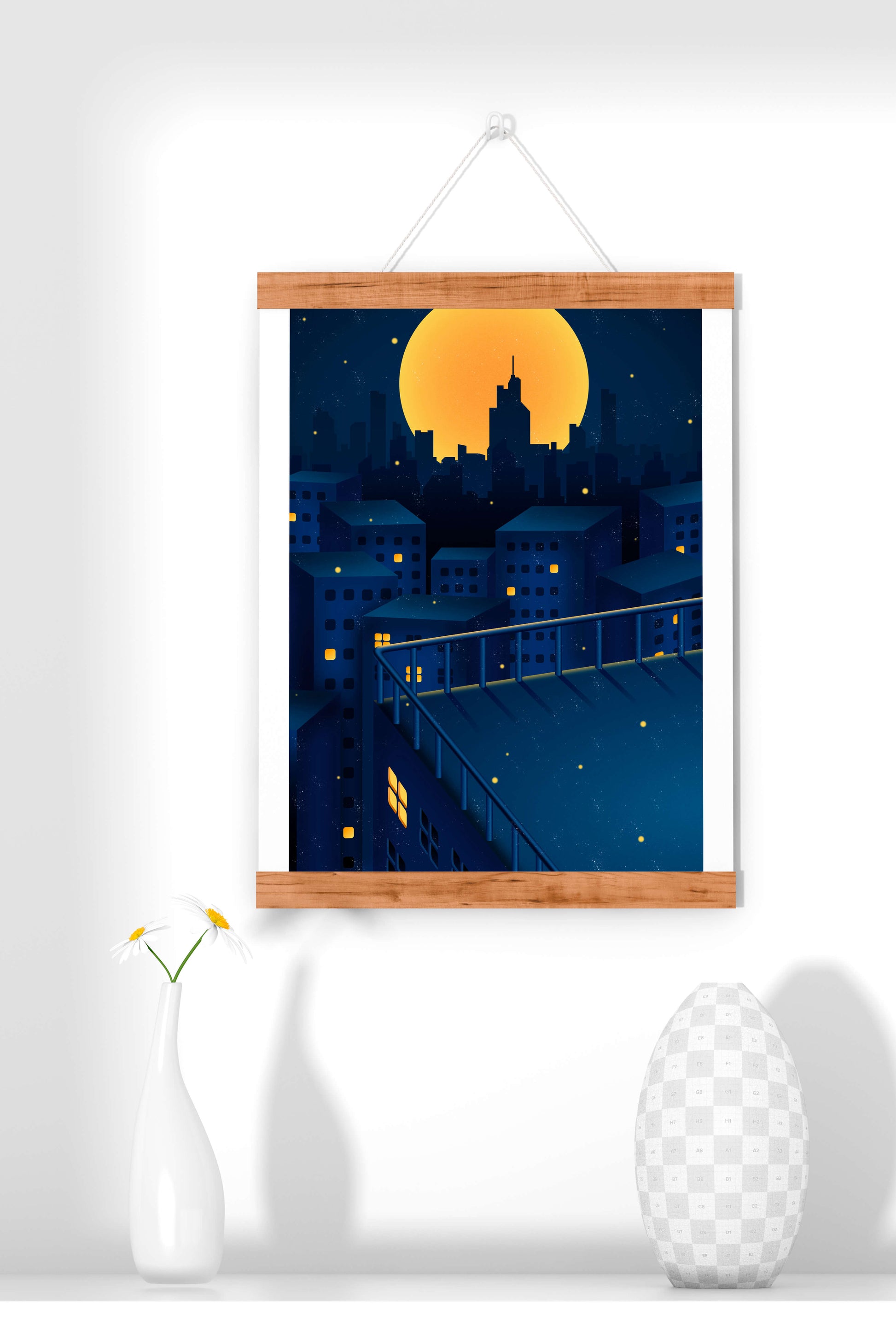 City Rooftop at Night with Illuminated Windows and Full Moon