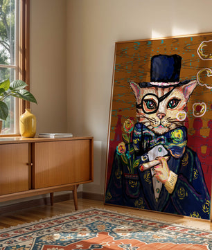 Skurriles Porträt einer Katze in Anzug und Zylinder mit Vintage-Flair