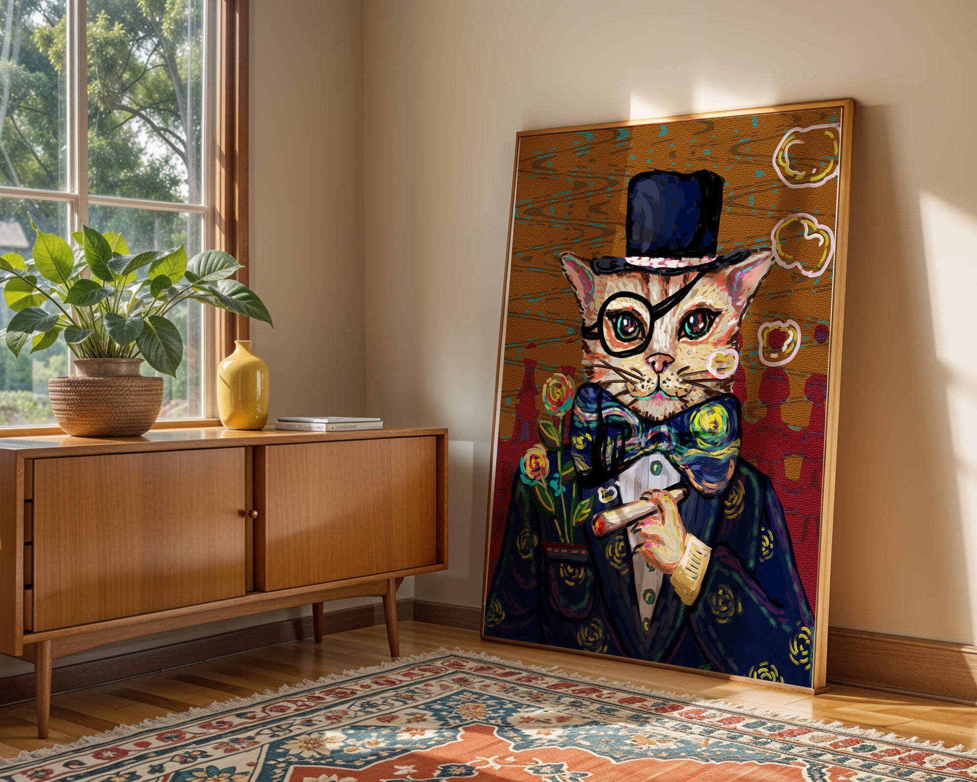 Skurriles Porträt einer Katze in Anzug und Zylinder mit Vintage-Flair