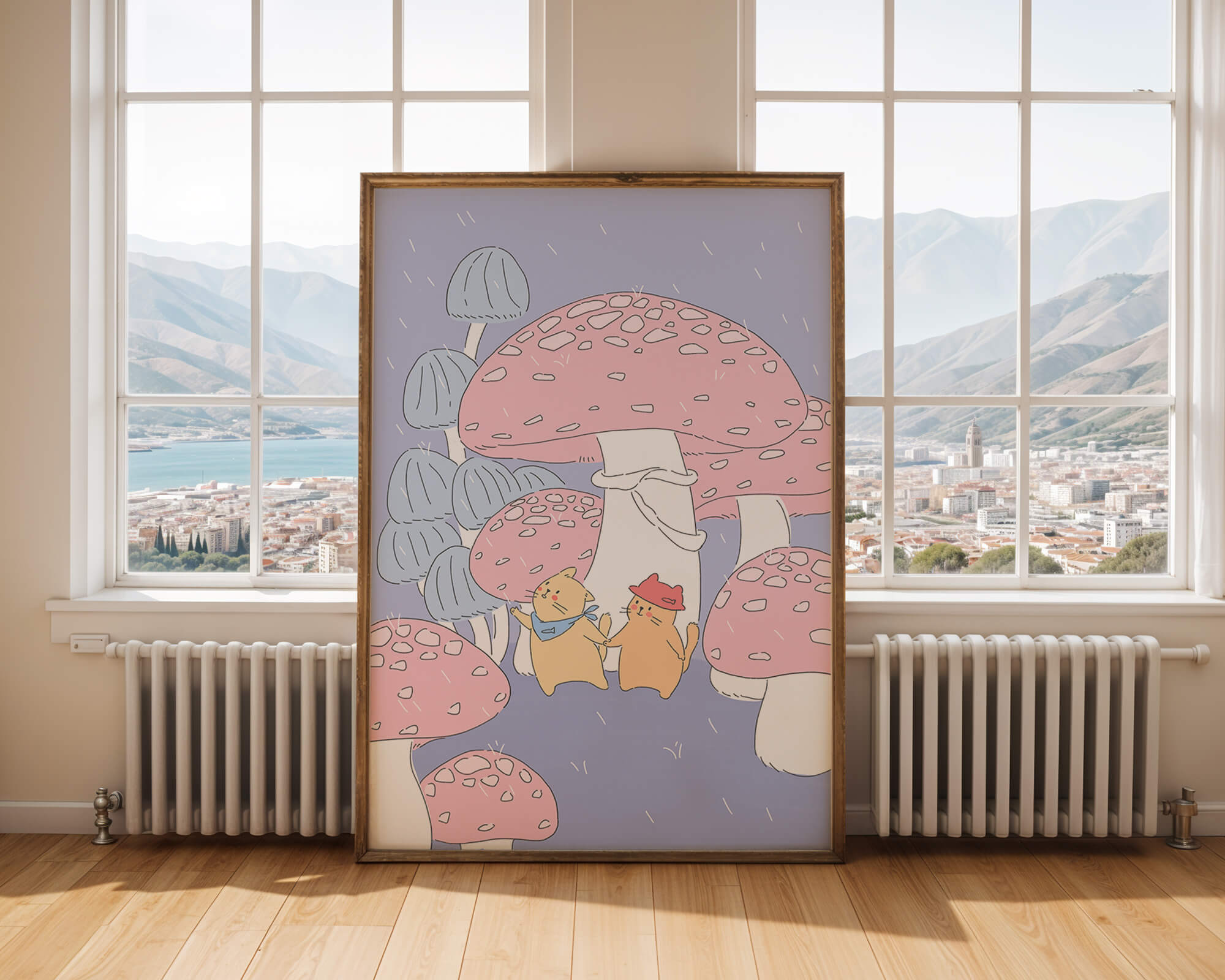 Charming illustration of cats among whimsical mushrooms