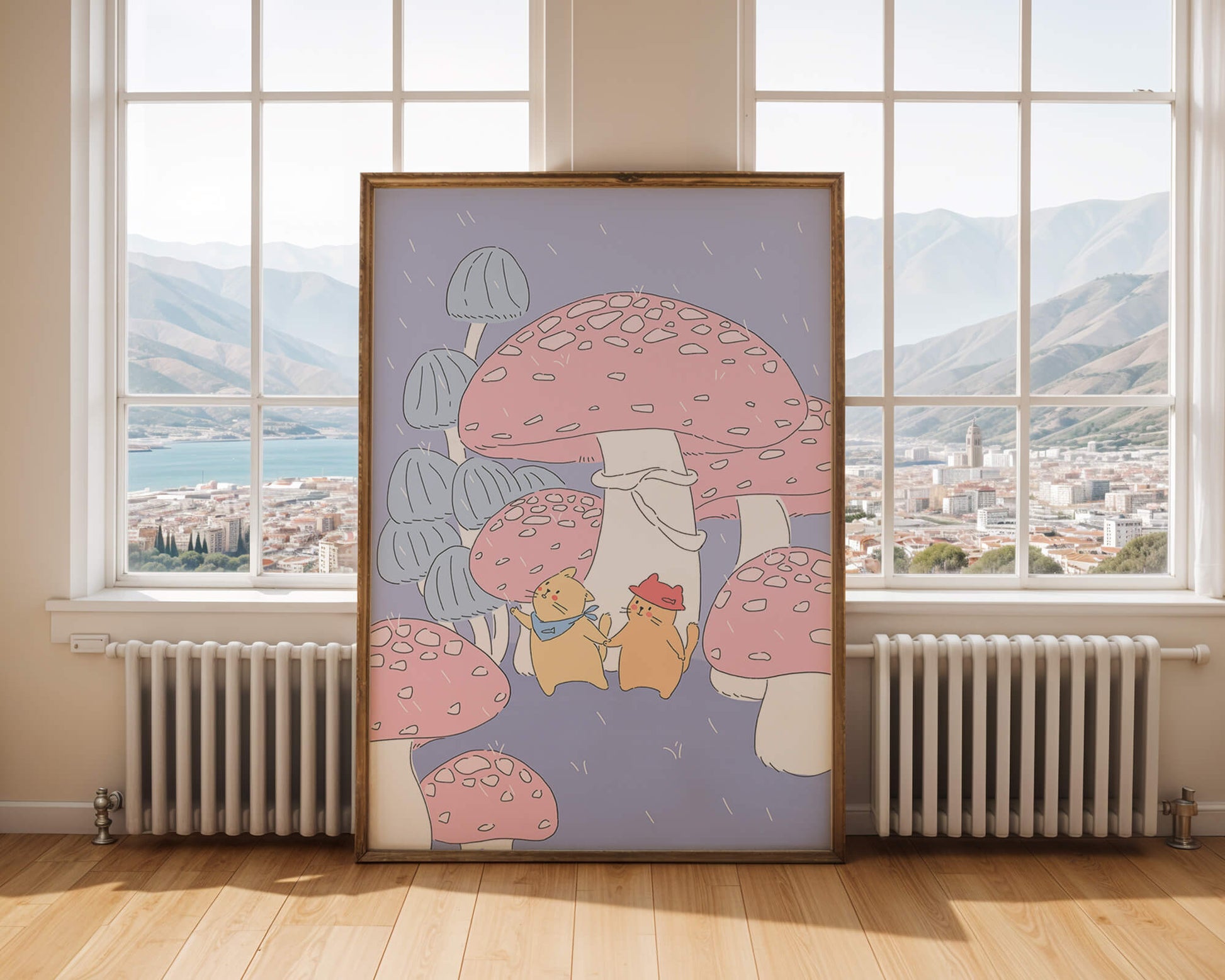Charming illustration of cats among whimsical mushrooms