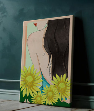 Ilustración de una mujer elegante con girasoles y cabello largo y oscuro