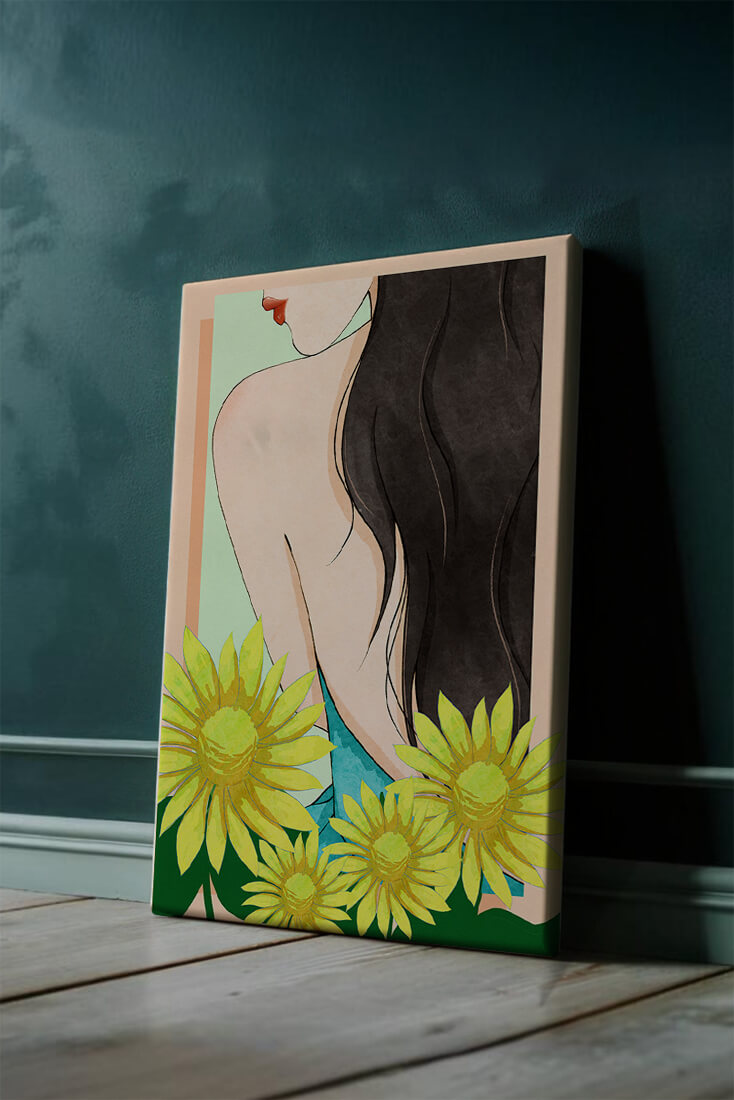 Ilustración de una mujer elegante con girasoles y cabello largo y oscuro