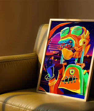 Vibrant futuristic illustration with a colorful character in helmet and flowers