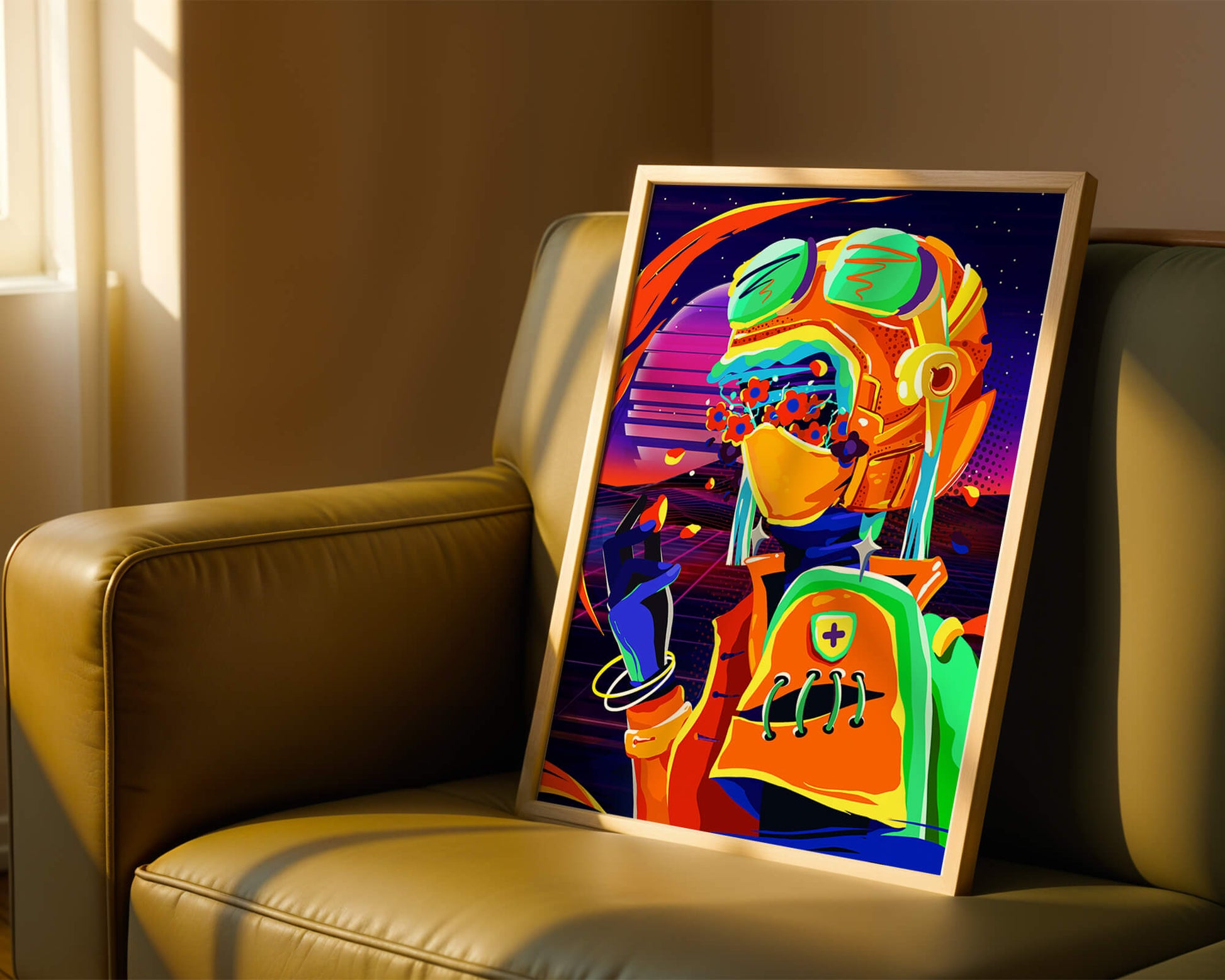 Vibrant futuristic illustration with a colorful character in helmet and flowers