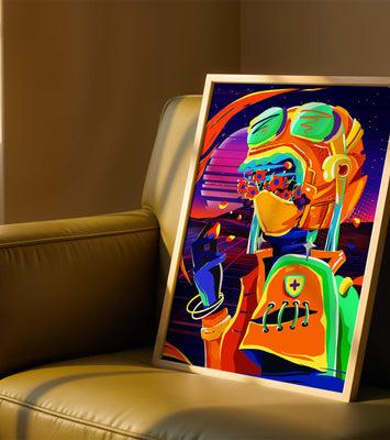 Vibrant futuristic illustration with a colorful character in helmet and flowers