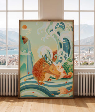 Dragon mythique au milieu de vagues stylisées et de montagnes aux couleurs vives