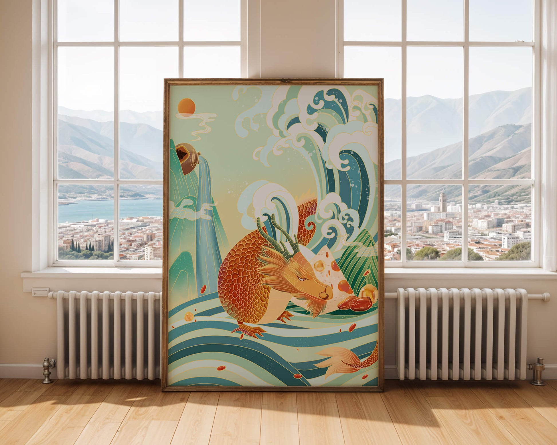 Mythical dragon amidst stylized waves and mountains in vibrant colors