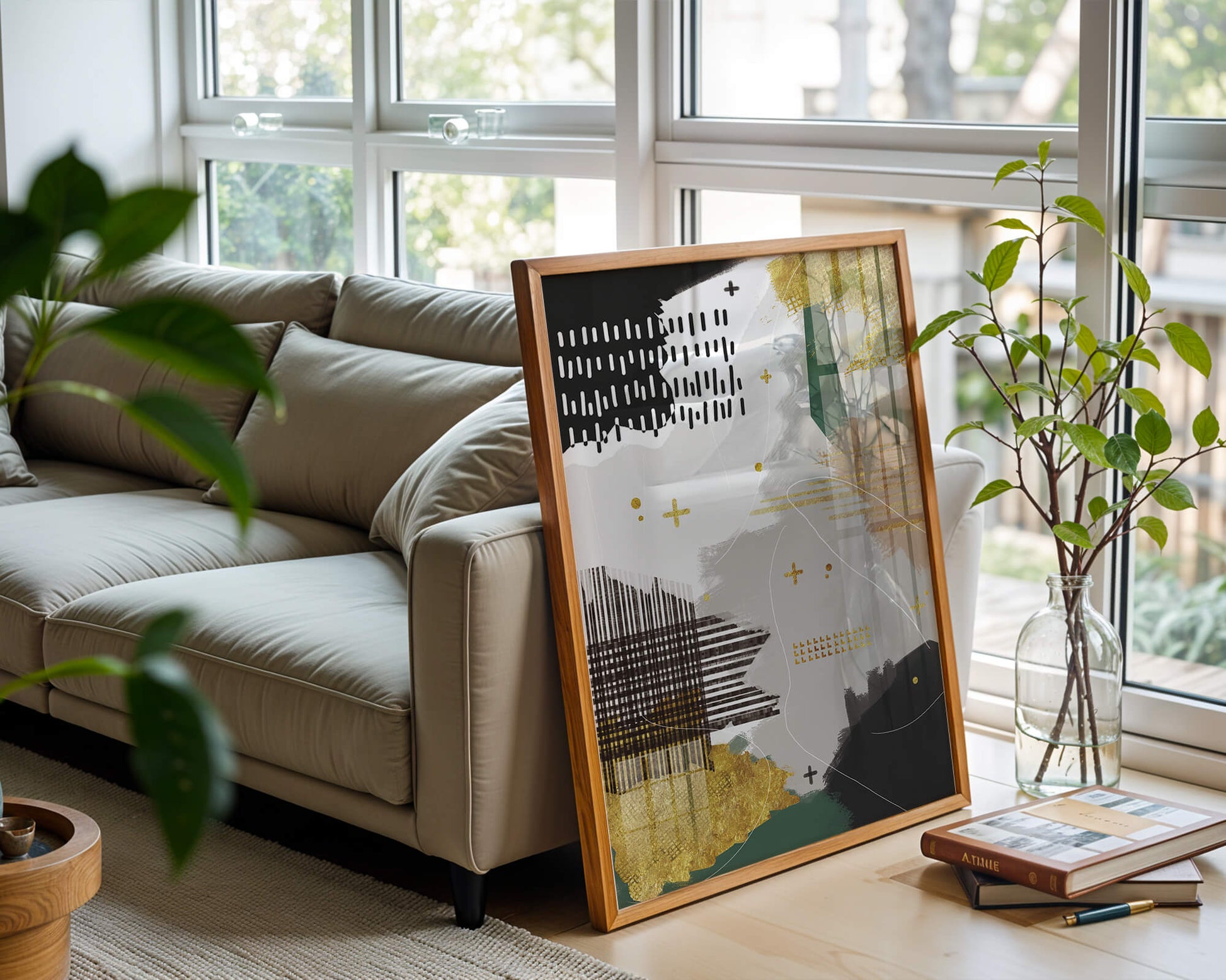 Abstract mixed media art with gold and geometric patterns