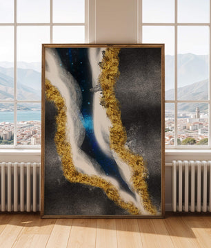 Abstract flowing design with gold, blue, and white textures