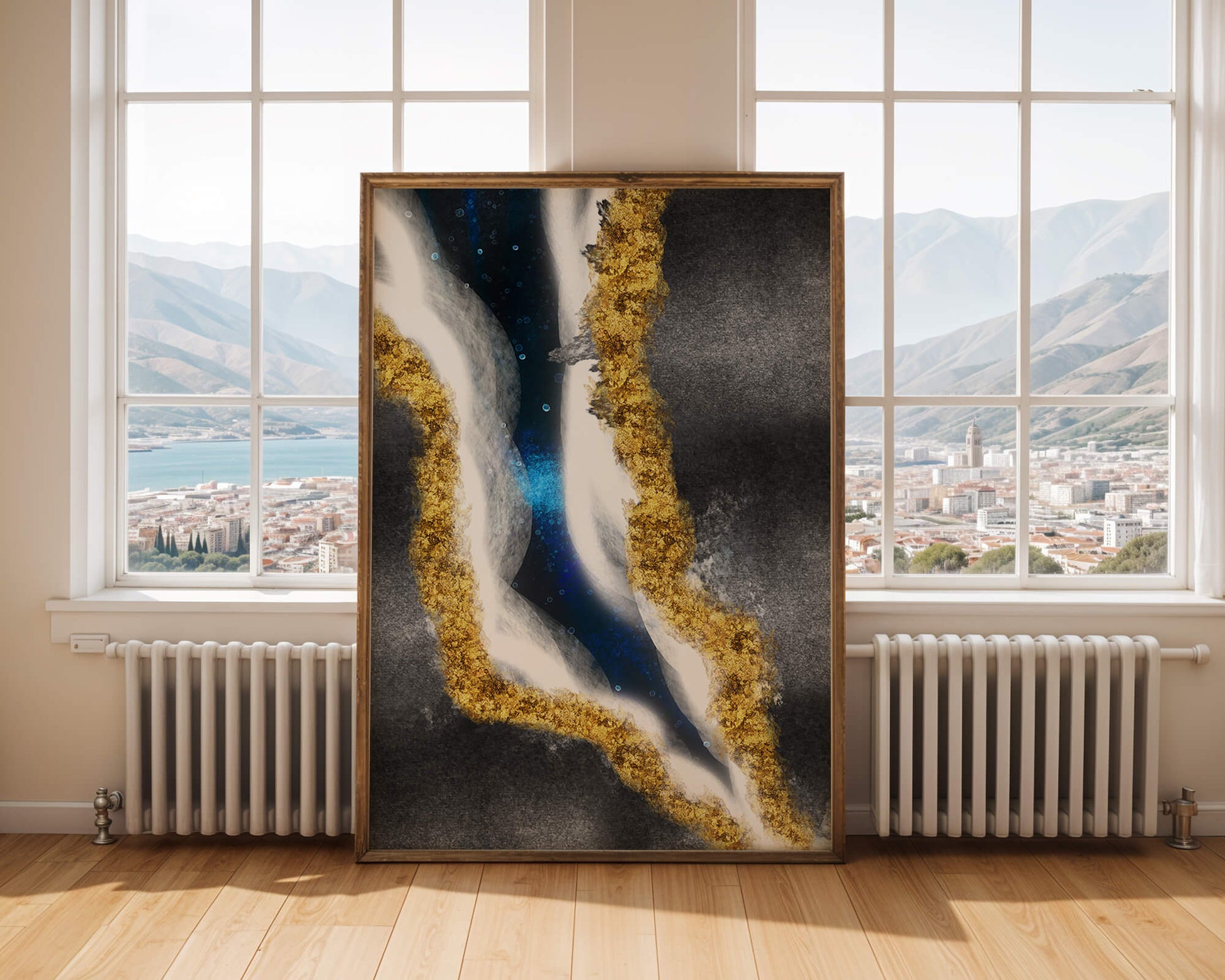 Abstract flowing design with gold, blue, and white textures