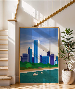 Paisaje urbano moderno con skyline y frente al agua en un estilo vibrante
