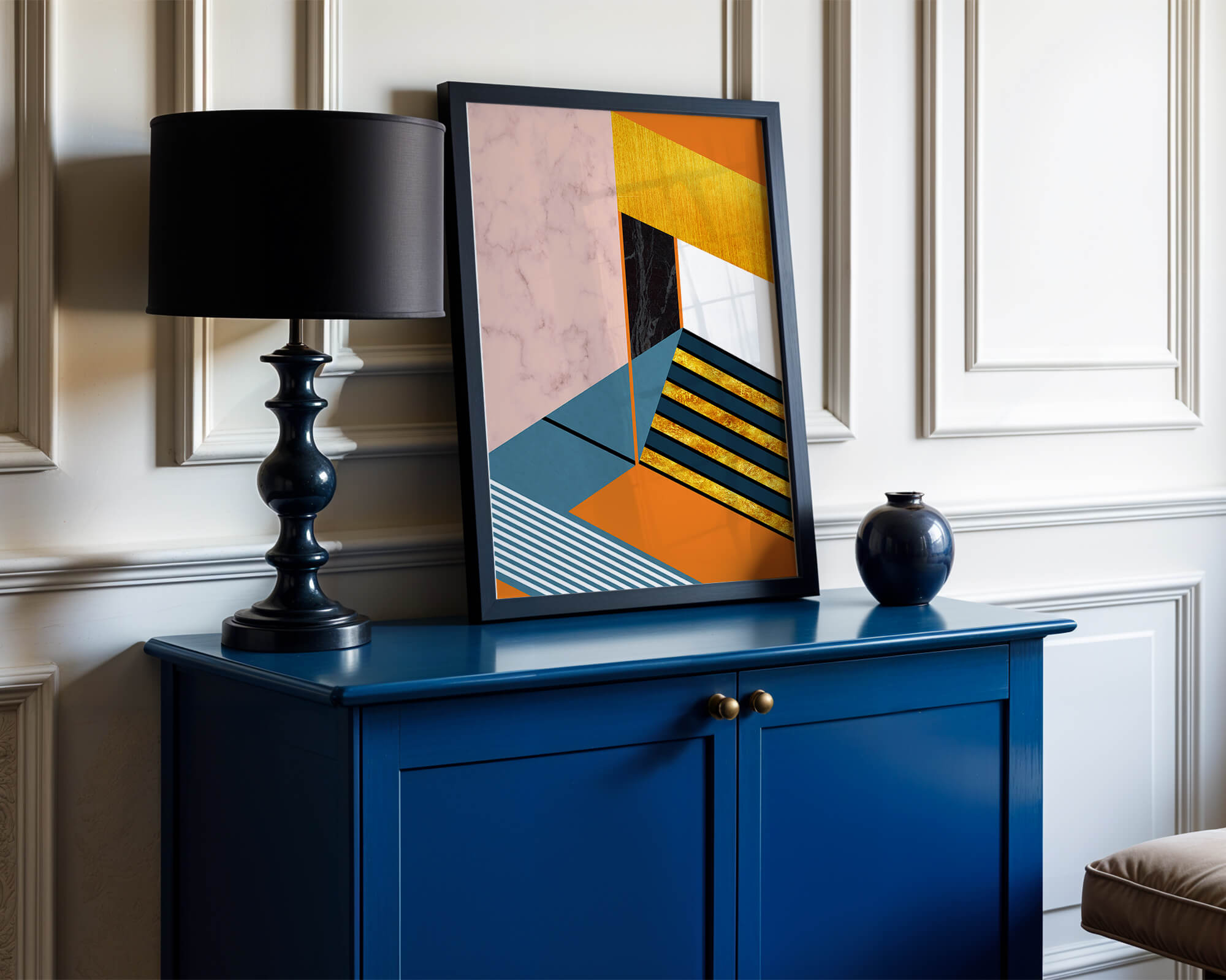 Abstract geometric design with marble and gold textures
