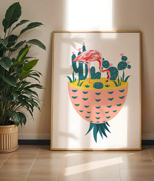 Flamingo with Cacti in Pineapple Vase Illustration