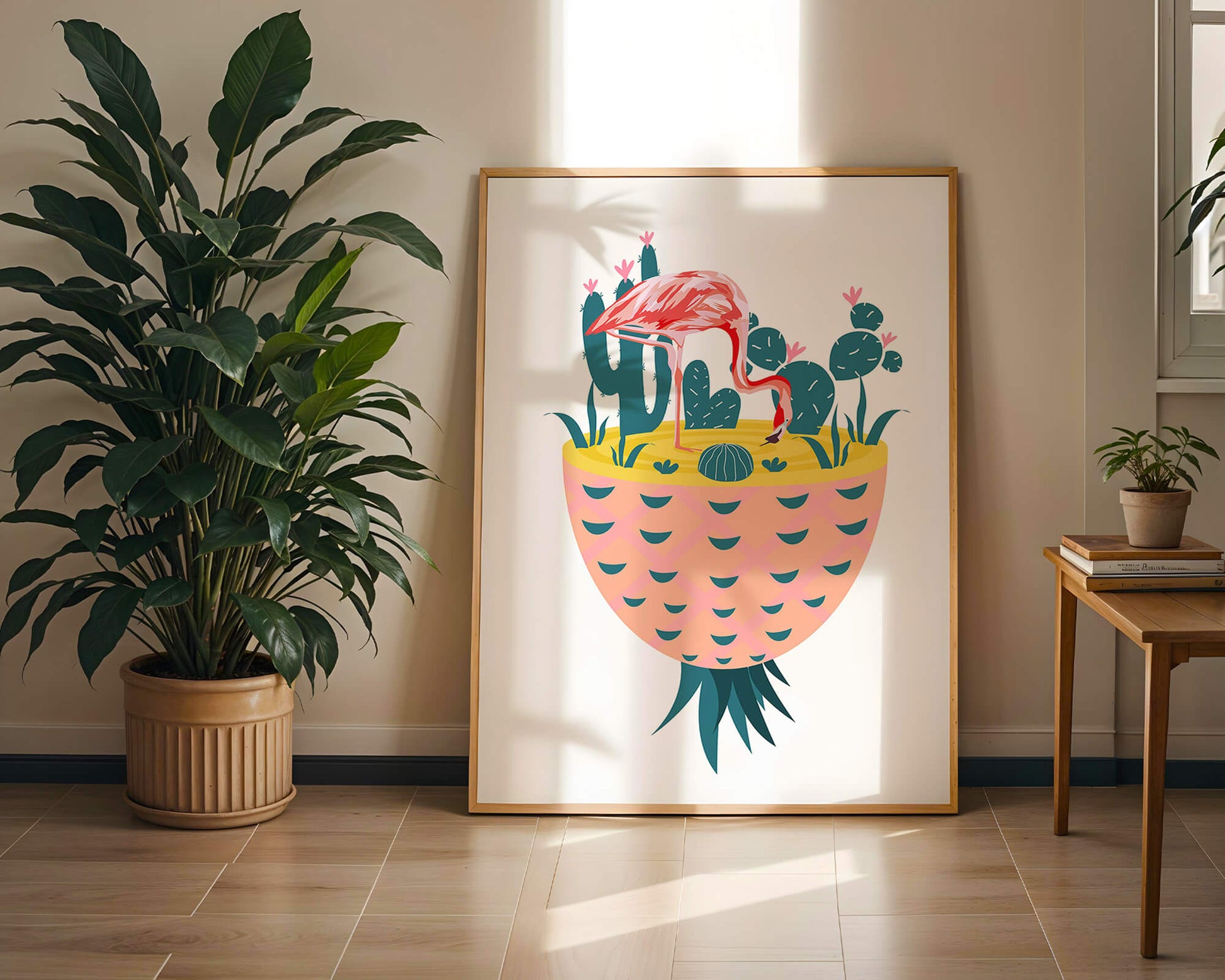 Ilustración de flamenco con cactus en jarrón de piña