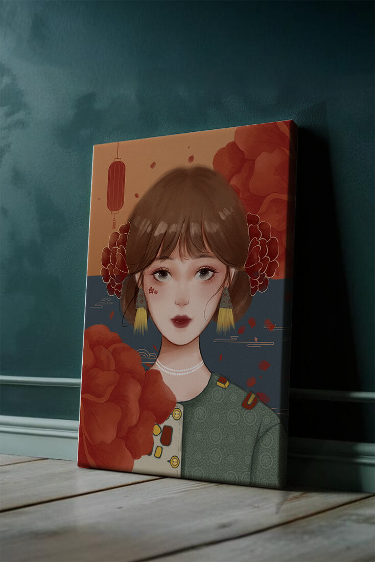 Illustration of a woman adorned with floral elements and traditional accessories