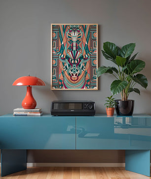 Ilustración art déco geométrica intrincada de serpiente y toro