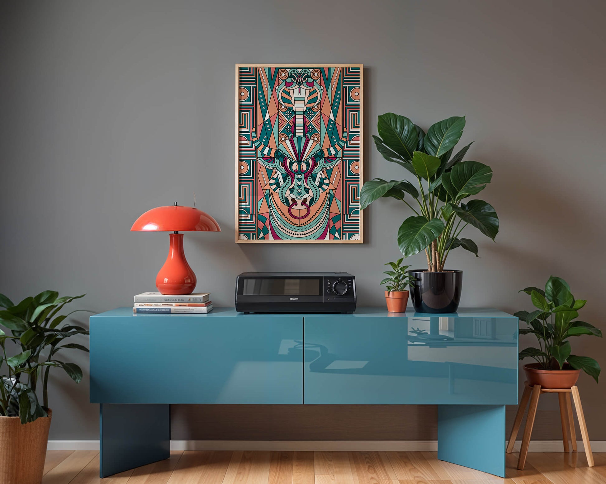 Ilustración art déco geométrica intrincada de serpiente y toro