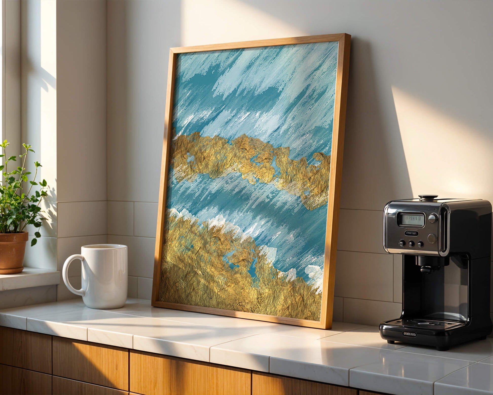 Abstract painting with gold texture and blue background